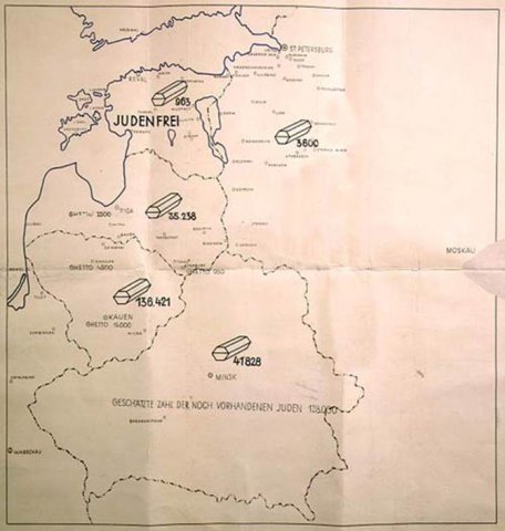 1942. januárjában Stahlecker, az Einsatzgruppe A vezetője jelentette Berlinnek, hogy emberei már több mint 200 ezer zsidó kivégeztek. Jelentéséhez ezt a térképet csatolta