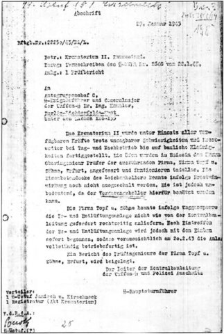 Az auschwitzi SS Központi Építésvezetőséget (Zentralbauleitung) vezető Bischoff levele a II. krematóriumról. Az „elgázosító pince” (Vergasungskeller) kifejezést a címzett Berlinben aláhúzta.